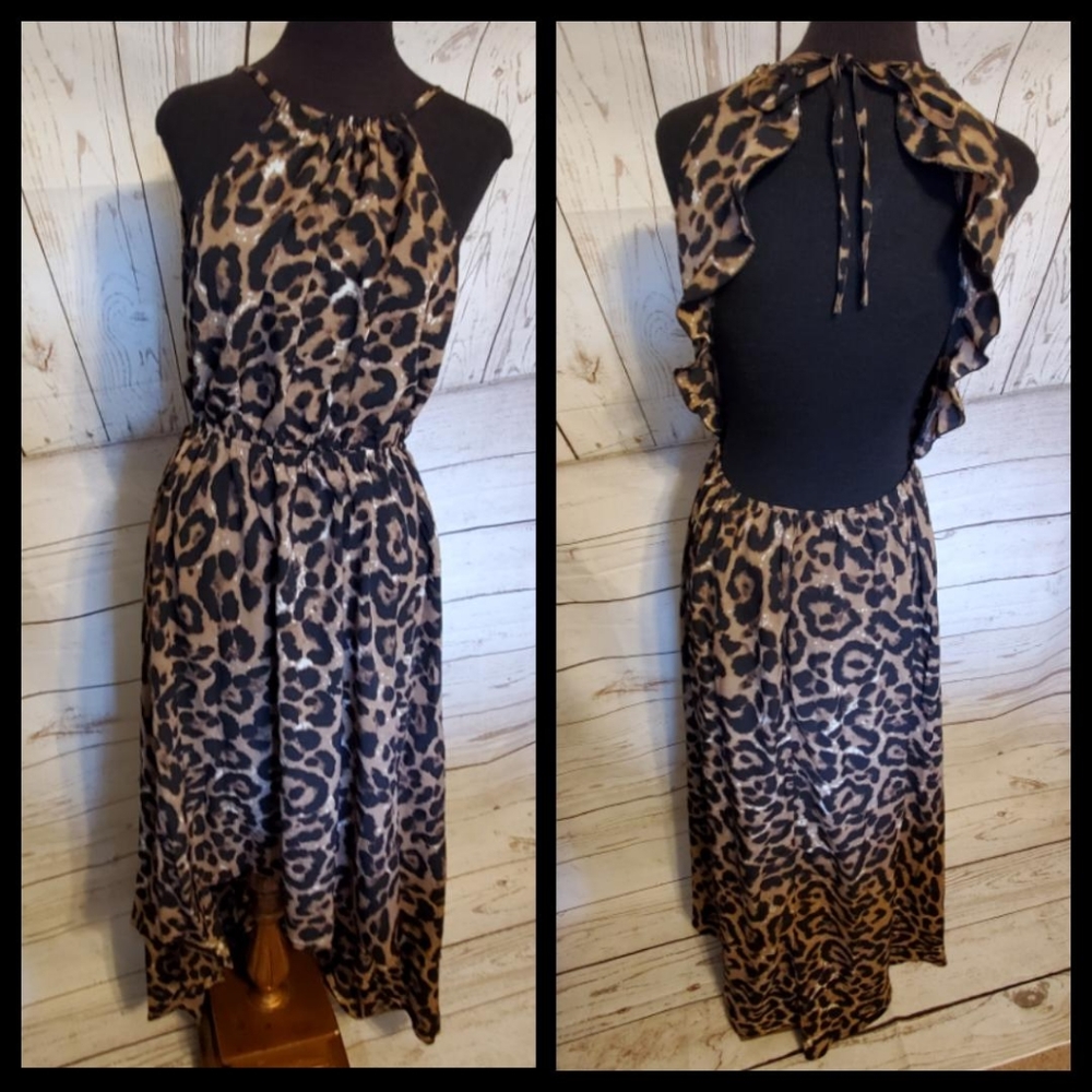 Kara and Kate leopard print halter neckline open back empire waist dress M